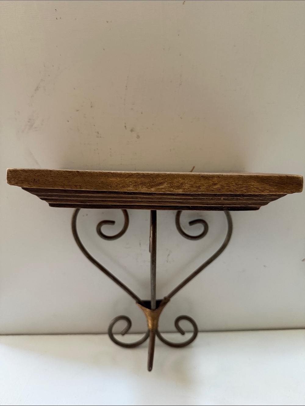 Brown Solid Wood and Metal Wall Shelf with Decorative Scroll Bracket Vintage